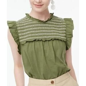 J.Crew Olive Green Smocked Top Sz Small Ruffle Sleeve Re-Imagined Cotton Blouse